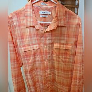 Calvin Klein Large Men's Button Down Plaid Shirt, Peach/White, Happily Worn Once